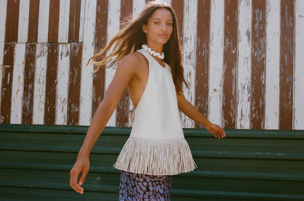 White Halter Backless Fringe Top