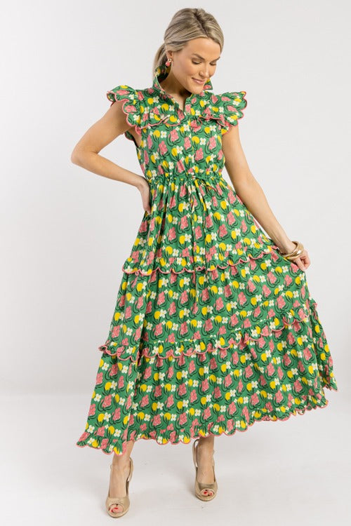 Scallop Trim Floral Maxi, Green