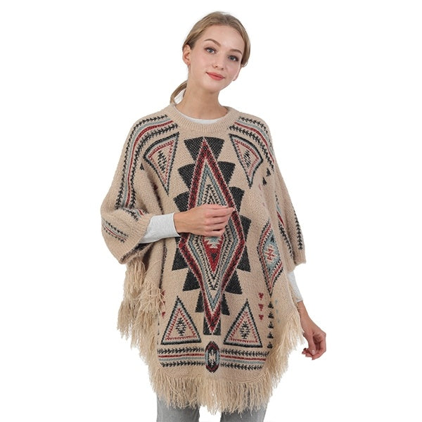 Boho Patterned Fringe Poncho