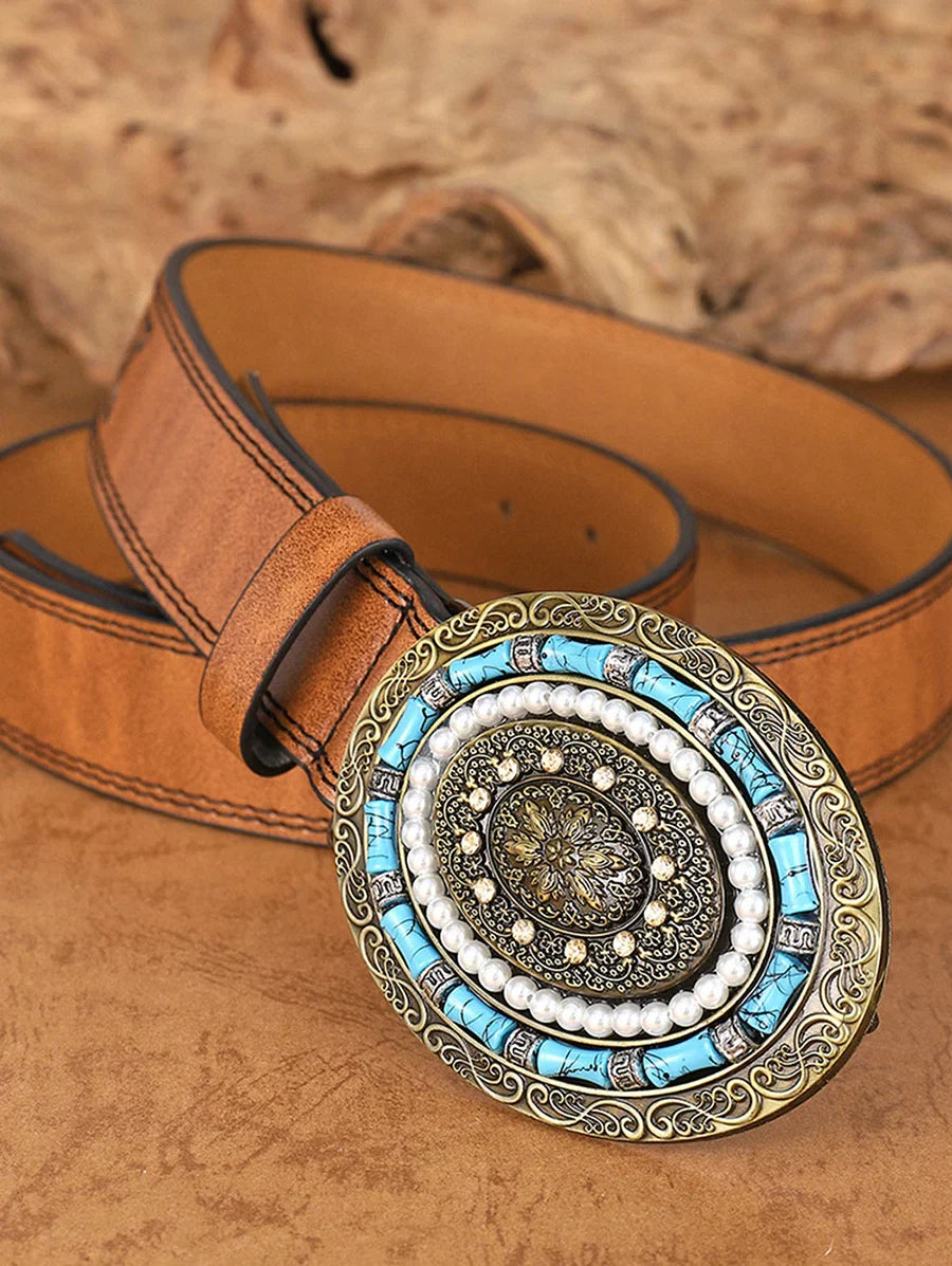 Retro Rust Brown Gemstone Pearl Decor Belt