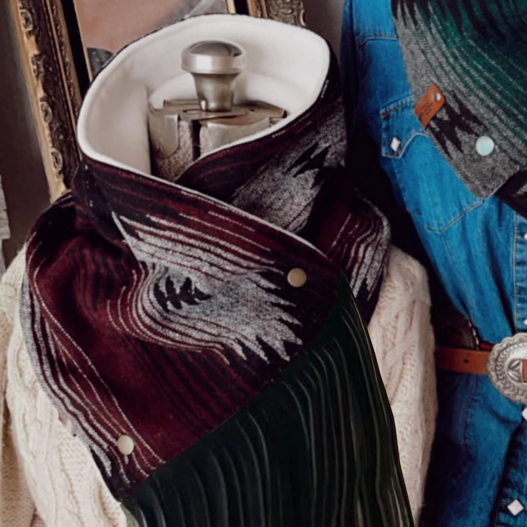 Western Fringed Scarf - Red/Black Aztec Pattern