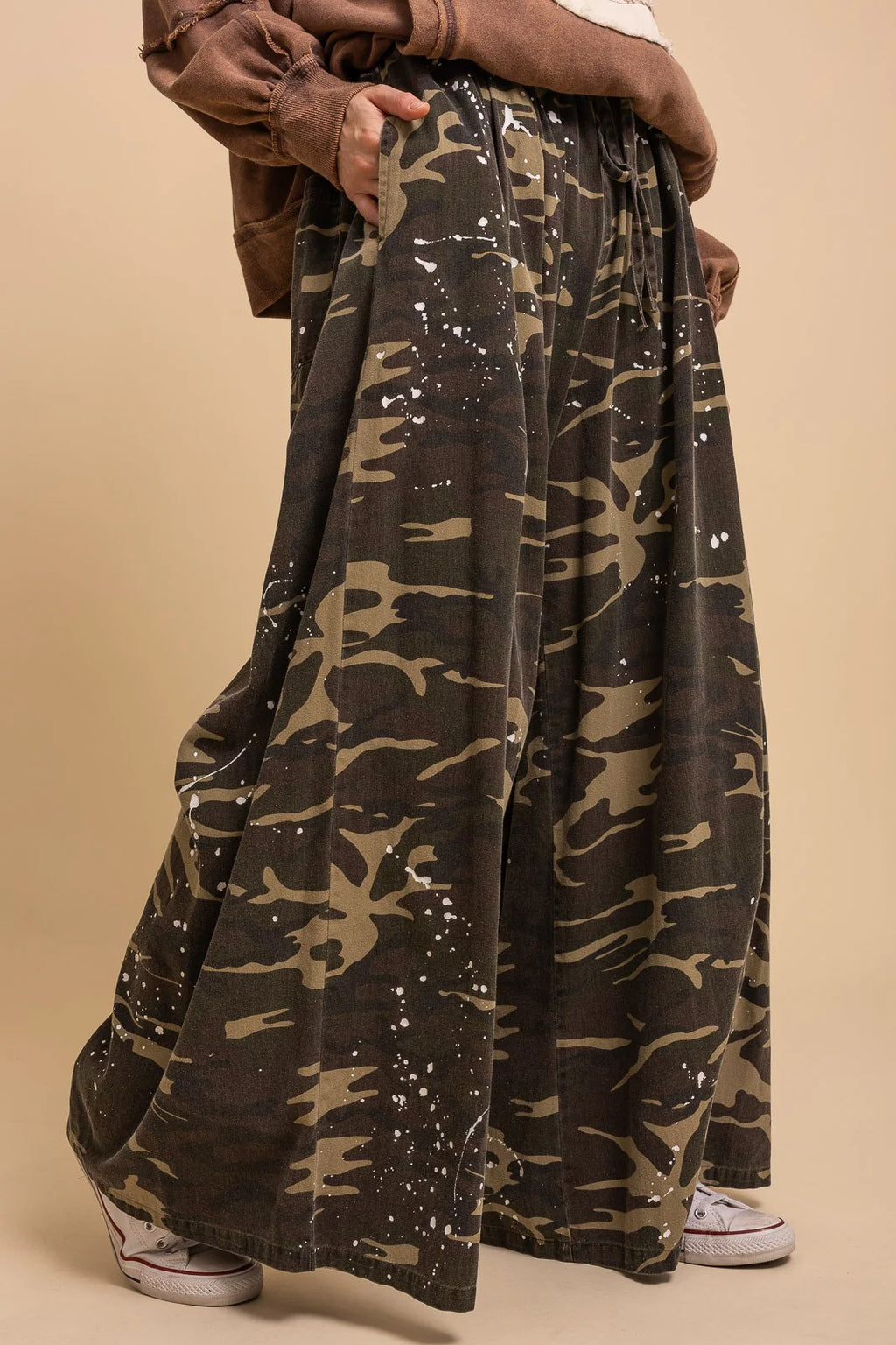 Washed Paint Splatter Camouflage Wide Leg Pants