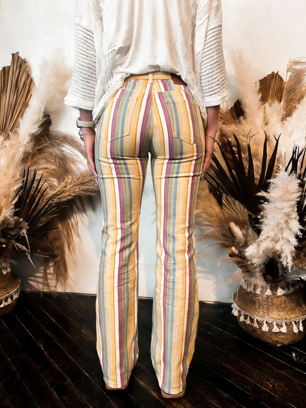 Retro Rainbow Stripe Flare Jeans
