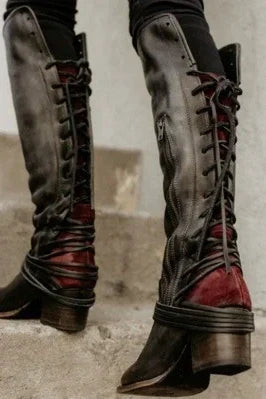 Vintage Lace Up Chunky Heel Cross Strap High Boots