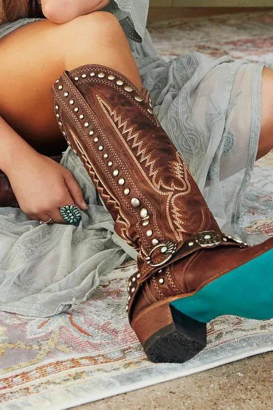 Western Style Stud Embroidered Boots