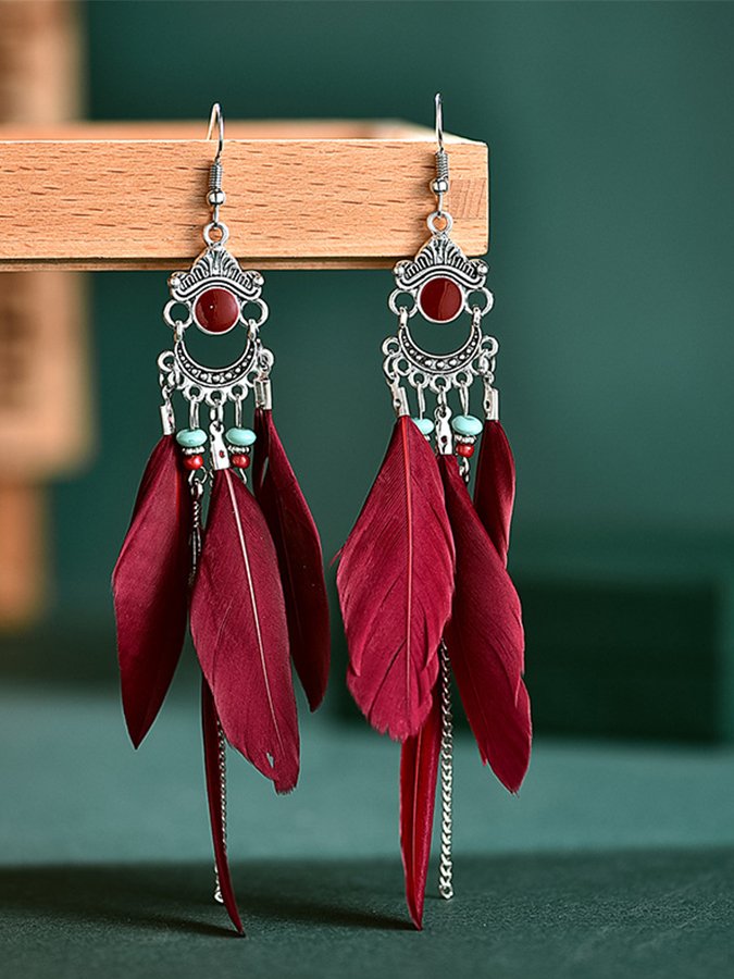 Vintage Fringe Colorblock Feather Earrings