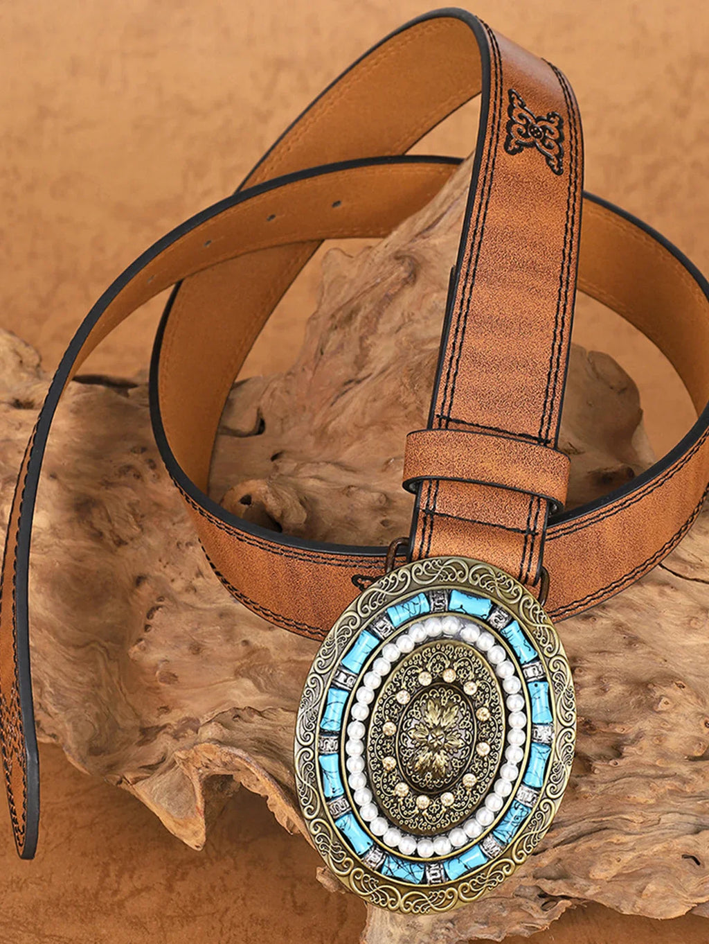 Retro Rust Brown Gemstone Pearl Decor Belt