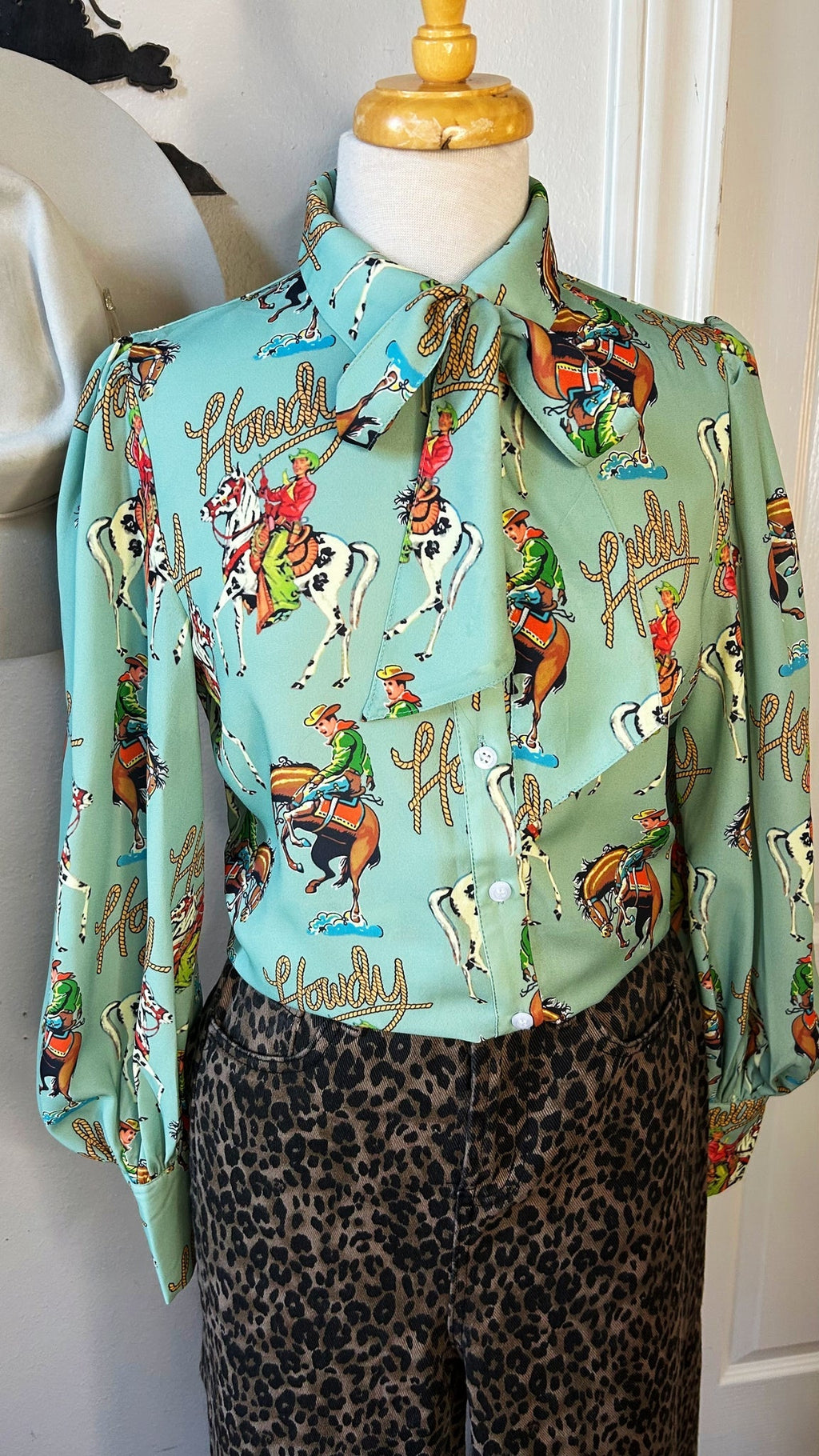Howdy Teal Bow Tie Blouse
