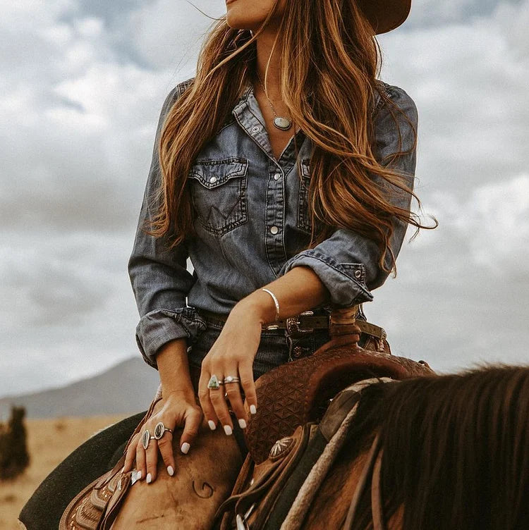 Women's Western Denim Long Sleeve  Blouse