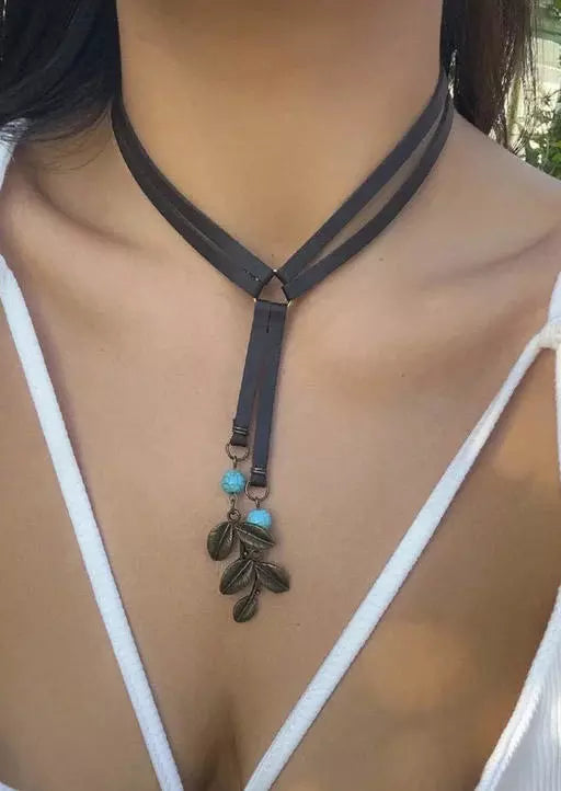 Turquoise Leaf Tassel Bohemian Necklace