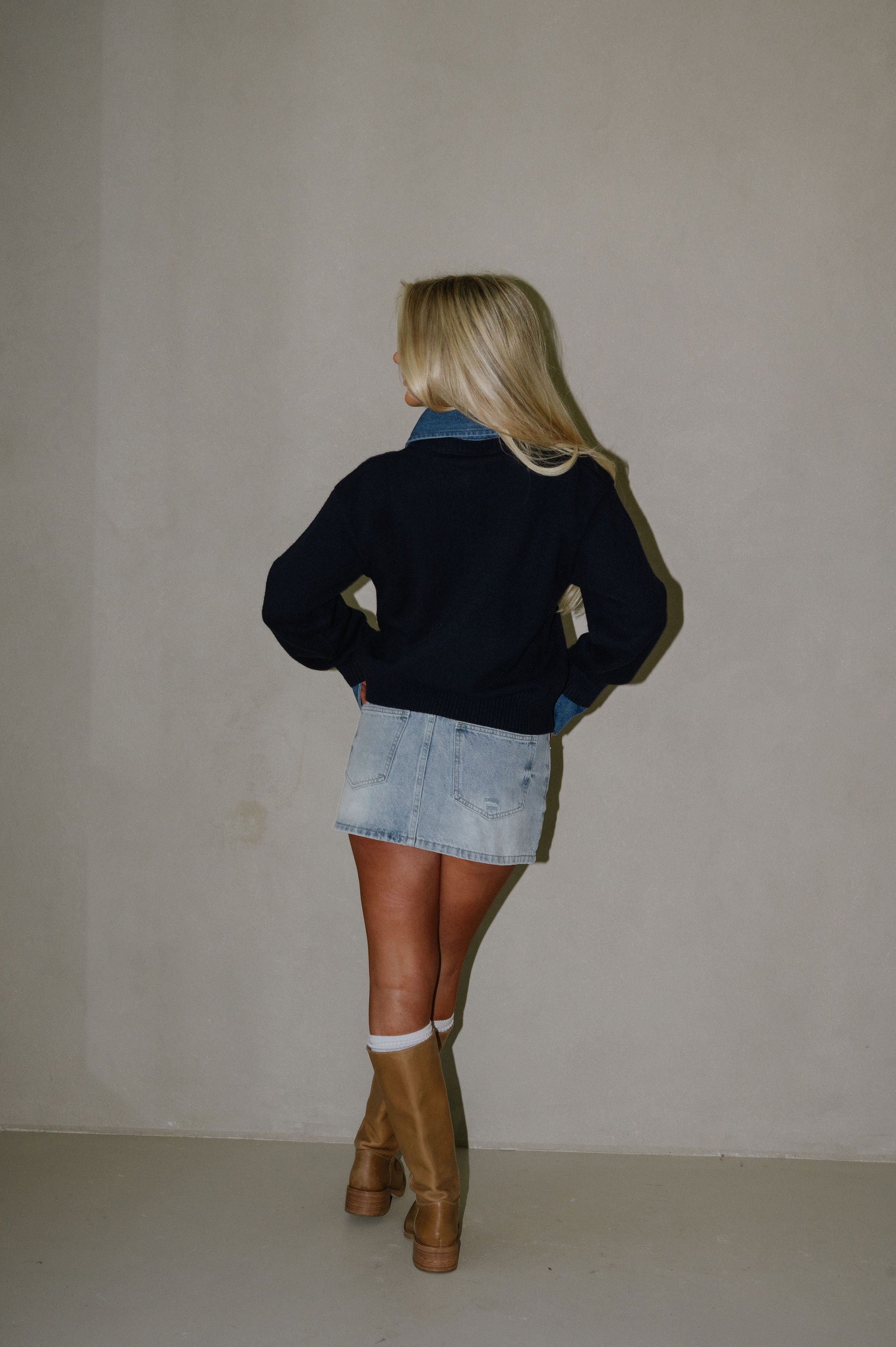 Denim Knit Top-Navy