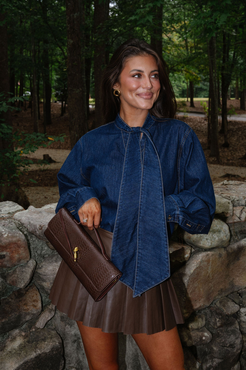Bow Tie Detail Washed Denim Top