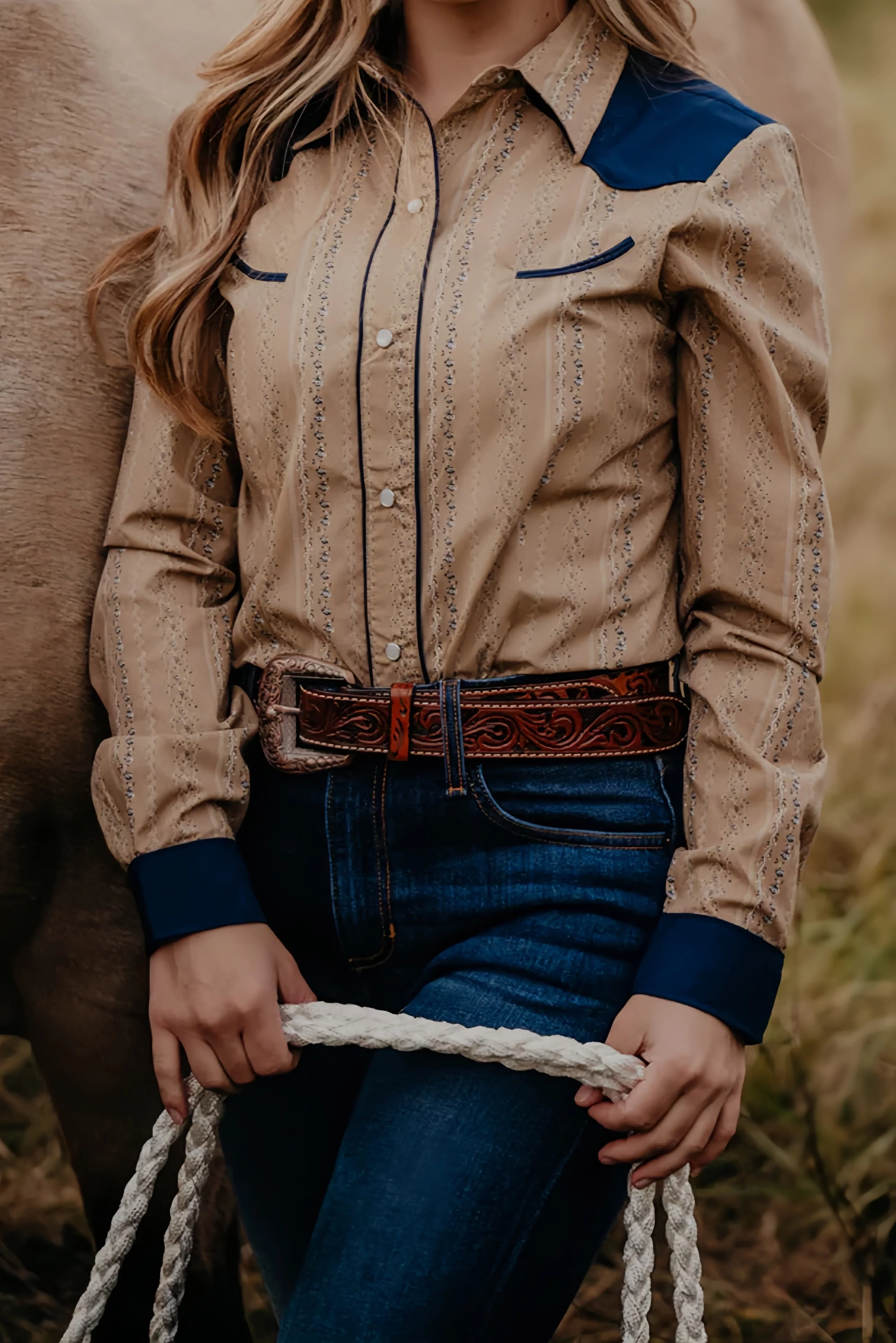 Women's Tan And Navy Paneled Shirt