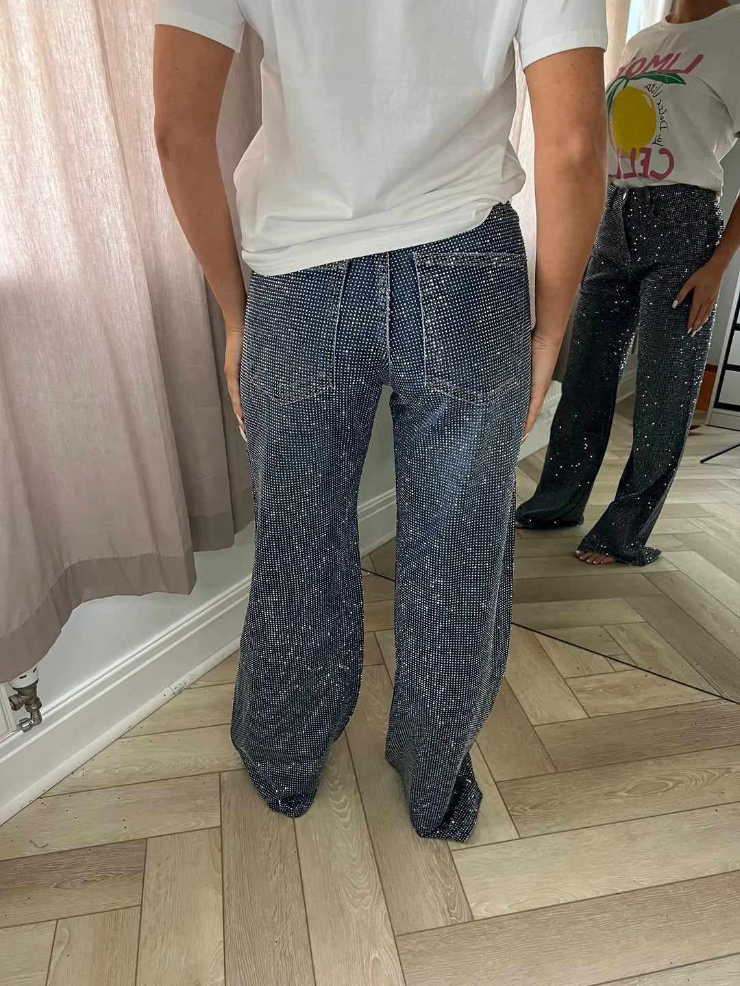 Dark Blue Diamanté Wide Leg Sparkle Covered Jeans