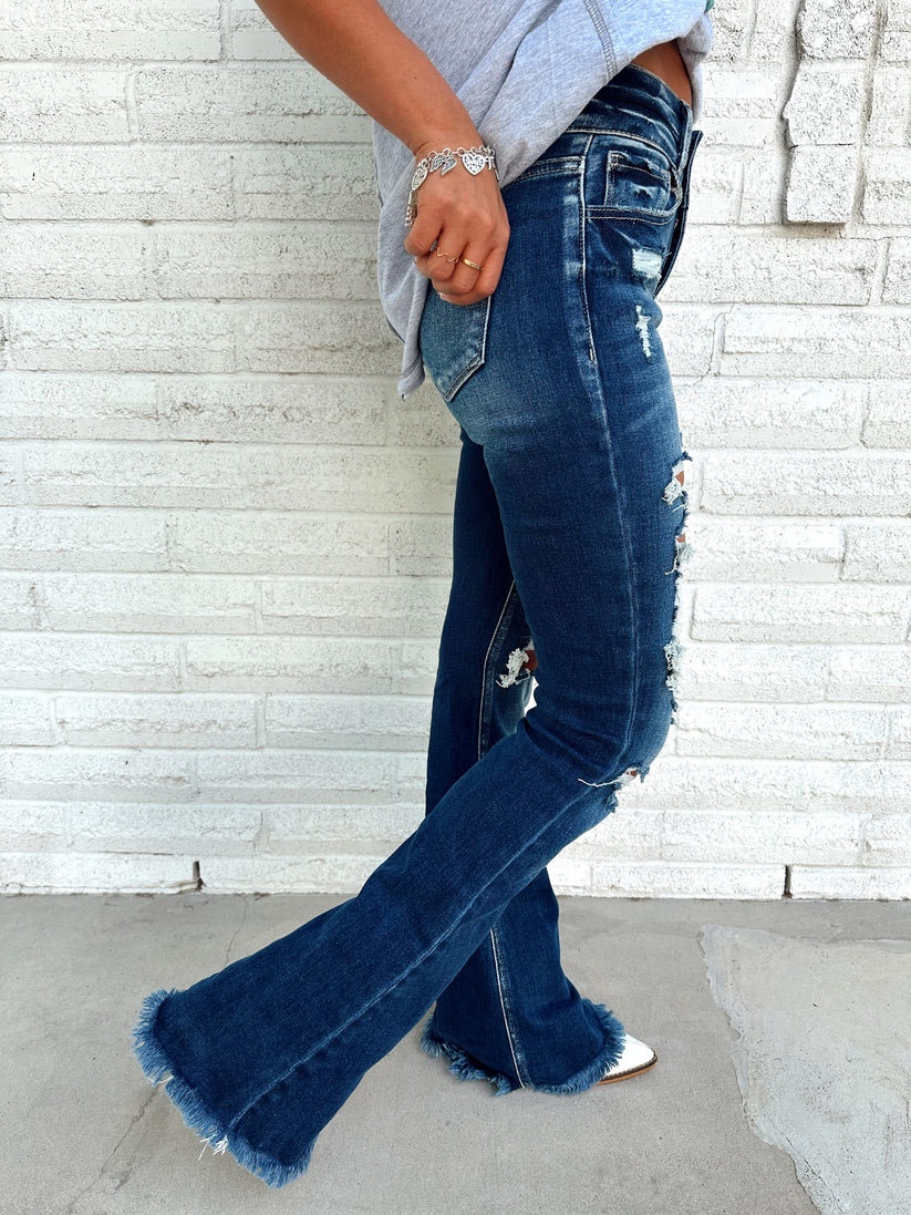 DARK WASH Distressed Denim Flare Jeans