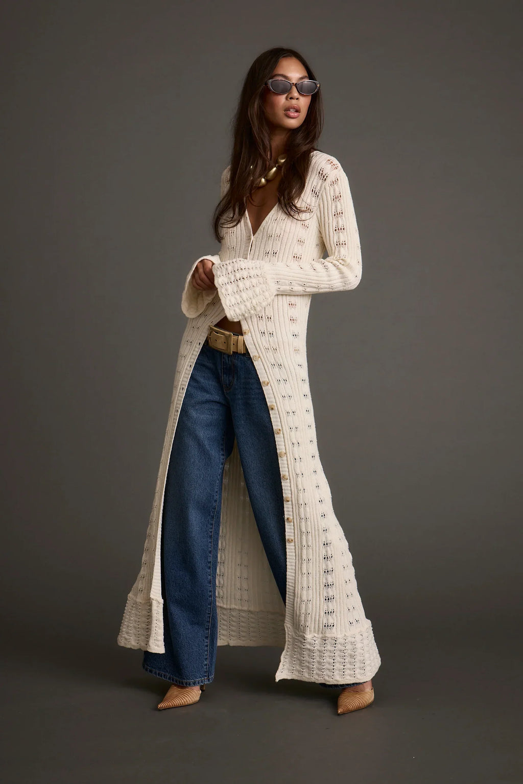 Nicoletta Cream Knit Longline Top