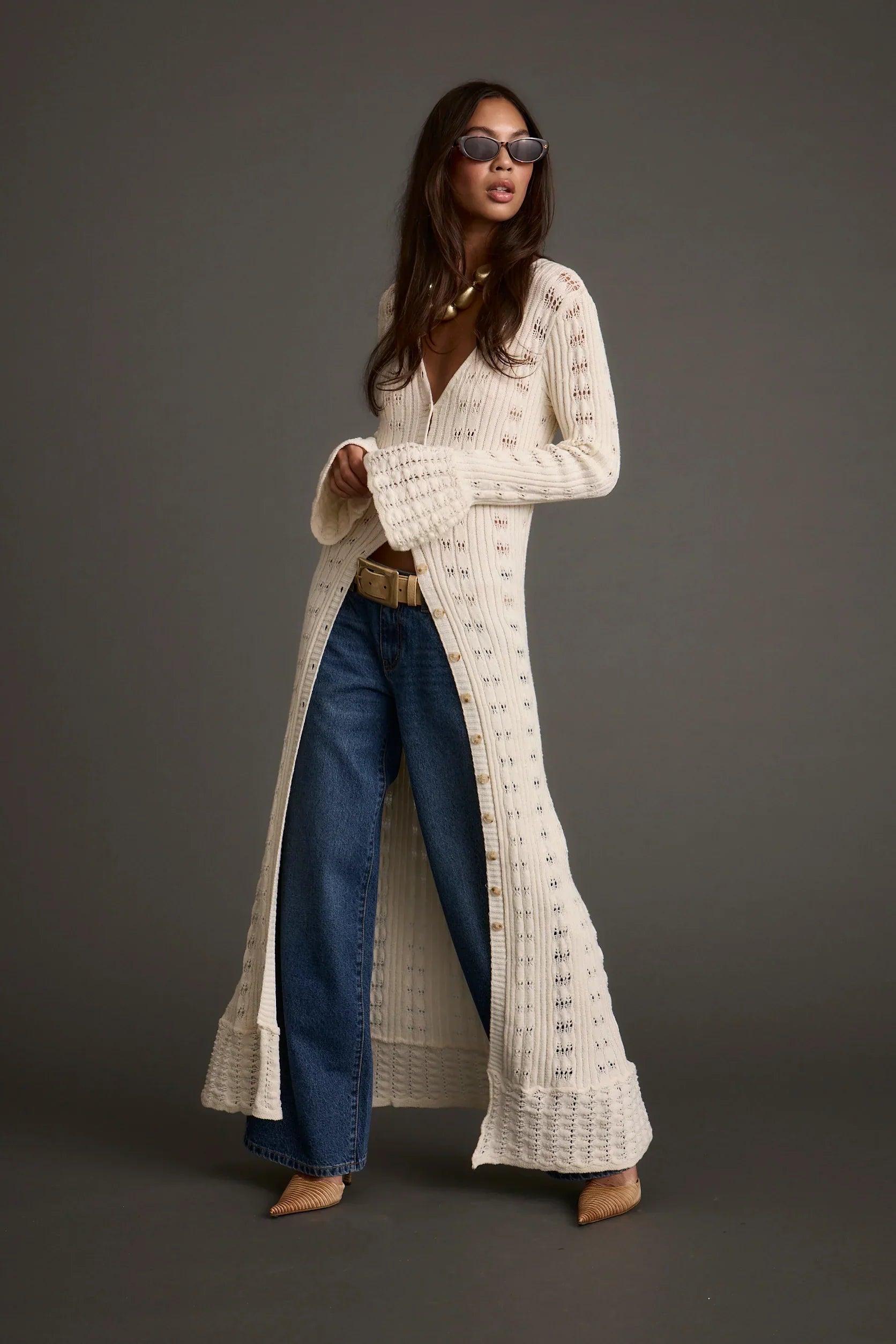 Nicoletta Cream Knit Longline Top