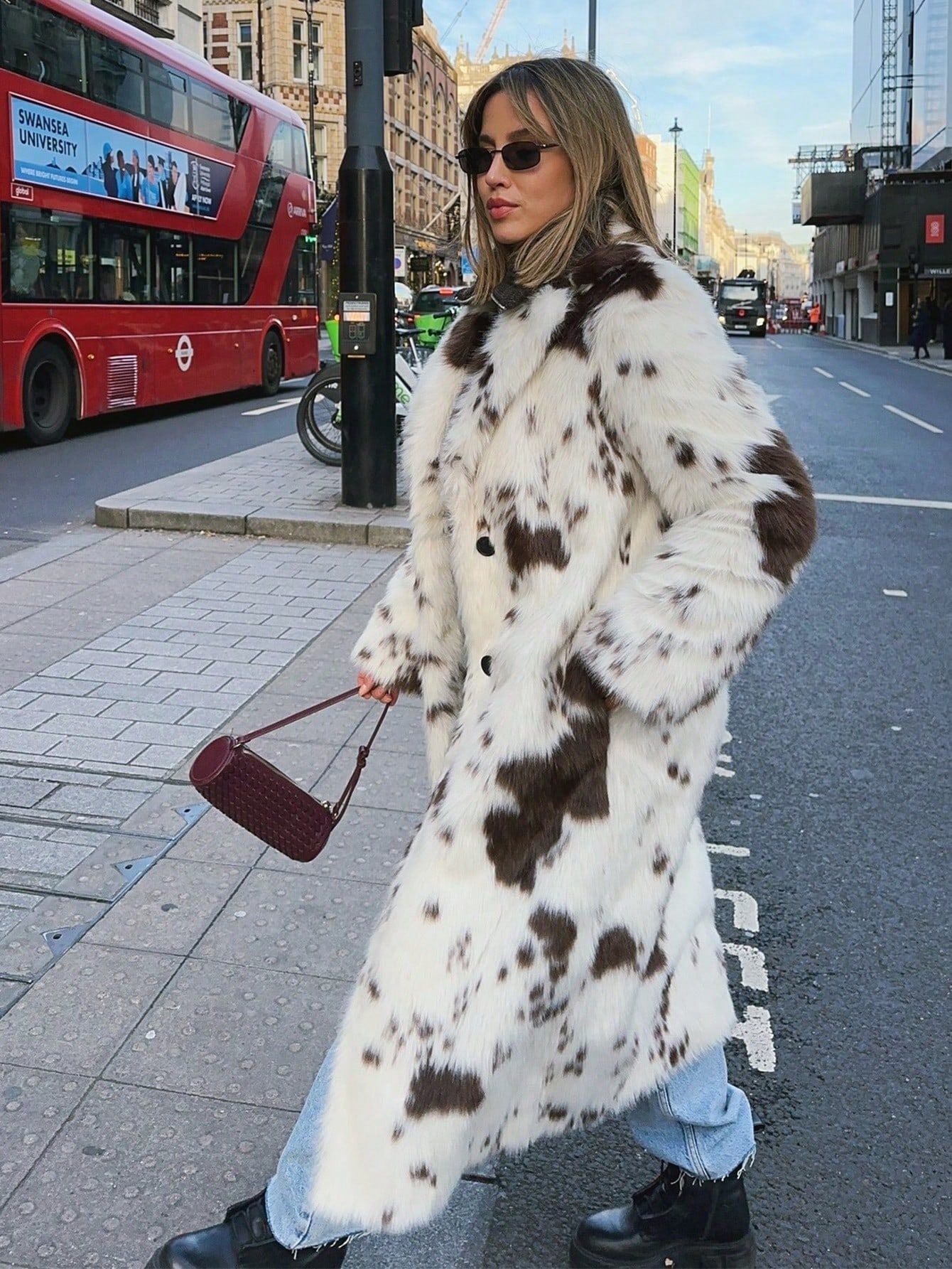 Faux Fur Cow Print Coat