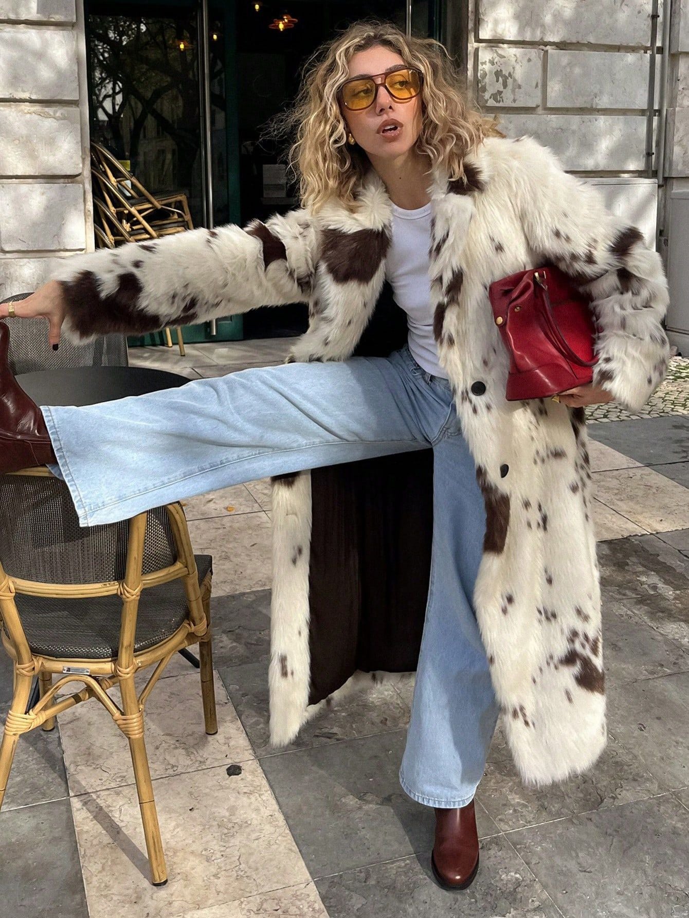 Faux Fur Cow Print Coat