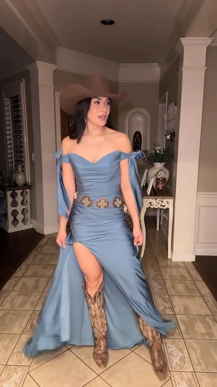 Dusty Blue Western Satin Off-the-Shoulder Maxi Dress