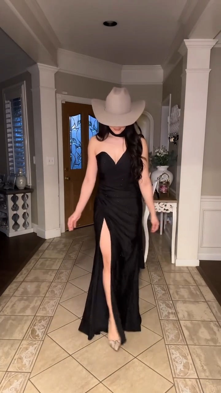 Black Satin Western Glam Strapless Maxi Dress