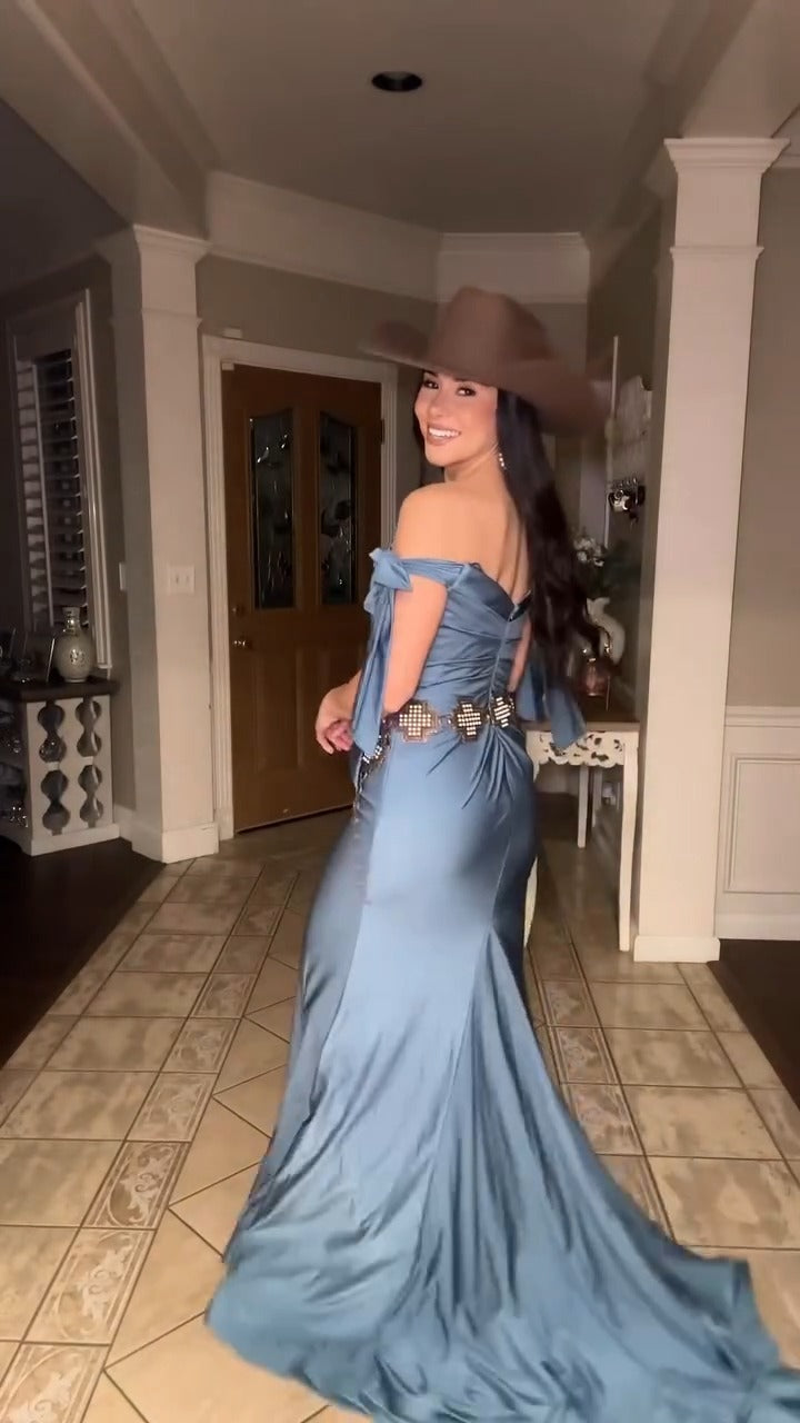 Dusty Blue Western Satin Off-the-Shoulder Maxi Dress