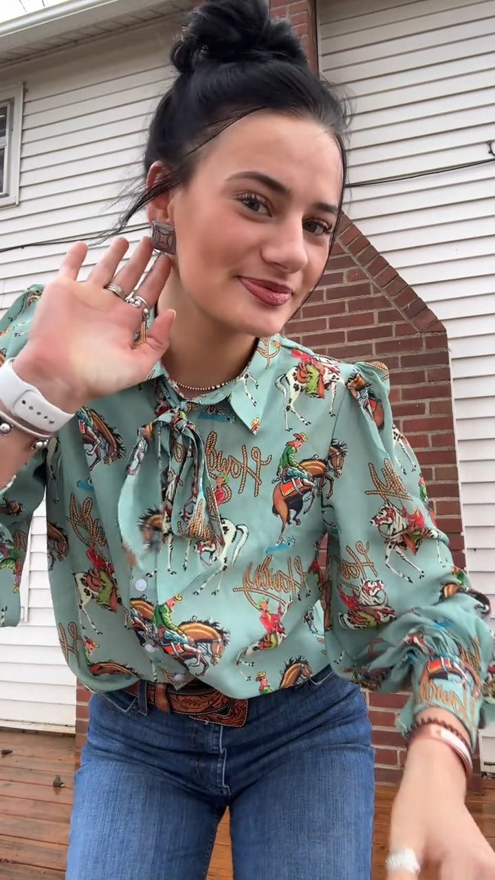 Howdy Teal Bow Tie Blouse