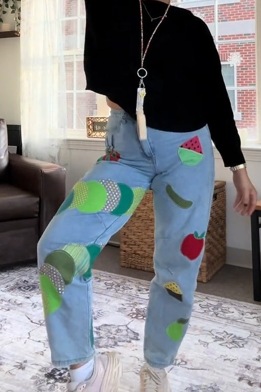Fruit Patchwork Light Wash Denim Jeans