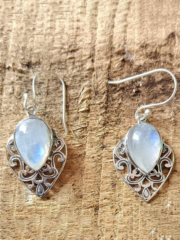 Vintage Natural Moonstone Opal Ethnic Pattern Earrings