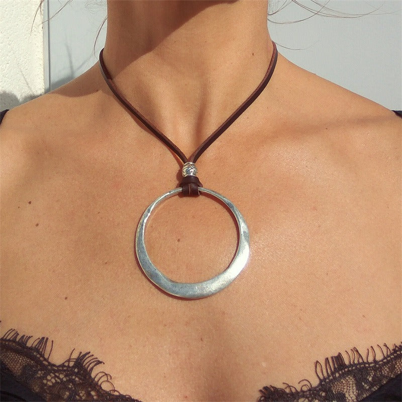 Leather Rope Ring Pendant Necklace