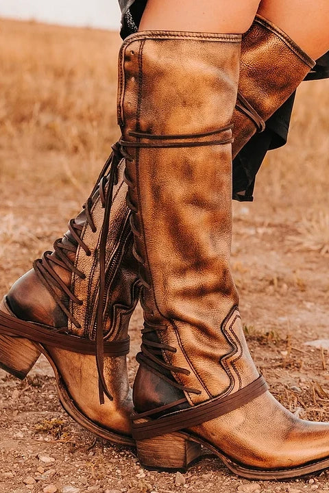 Vintage Lace Up Chunky Heel Cross Strap High Boots