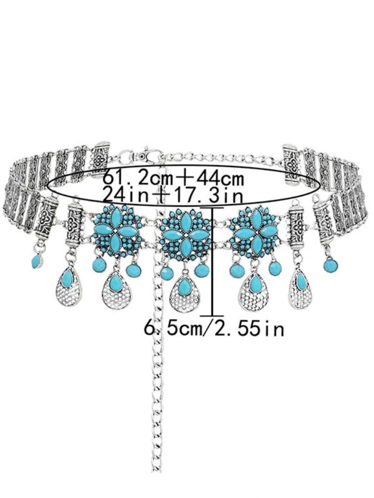 Turquoise Fringe Floral Carved Column Belt