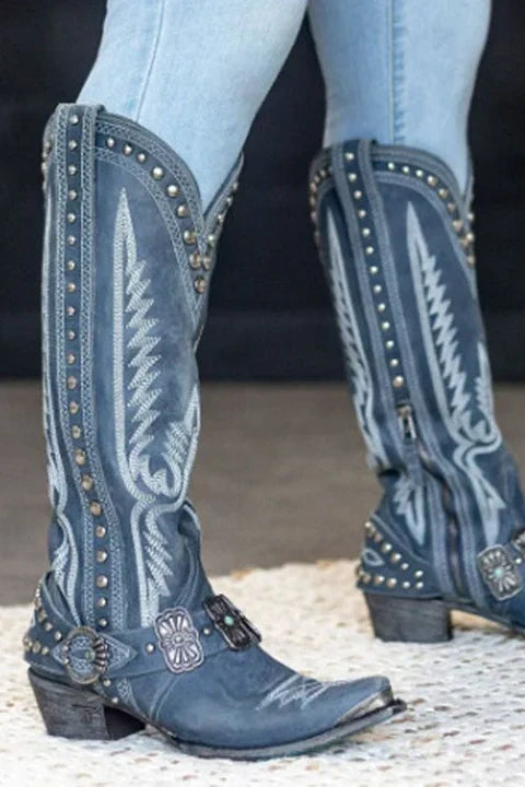 Western Style Stud Embroidered Boots