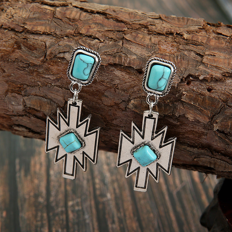 Vintage Ethnic Inlaid Diamond Turquoise Stud Earrings