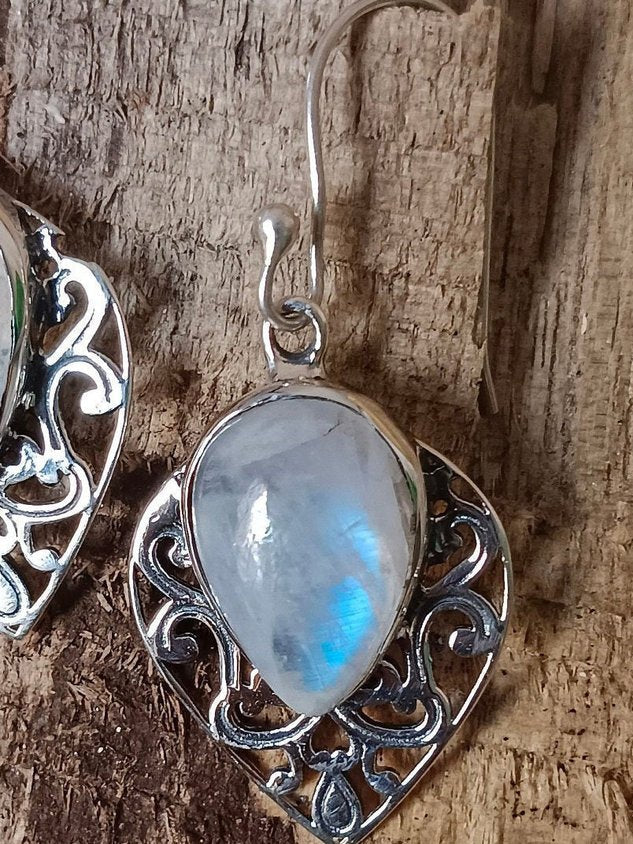 Vintage Natural Moonstone Opal Ethnic Pattern Earrings