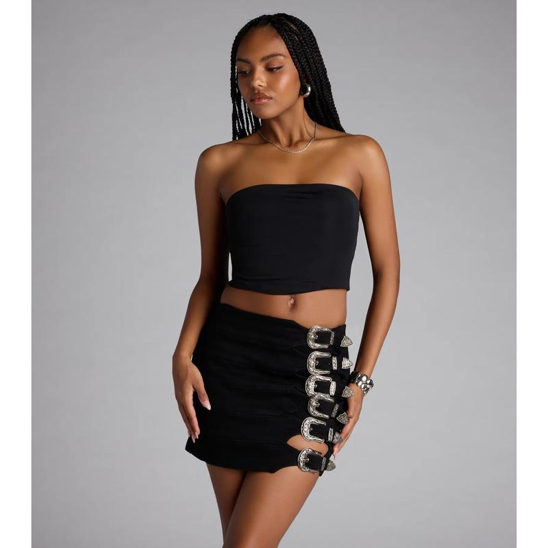 Buckle Down High-Rise Denim Skort