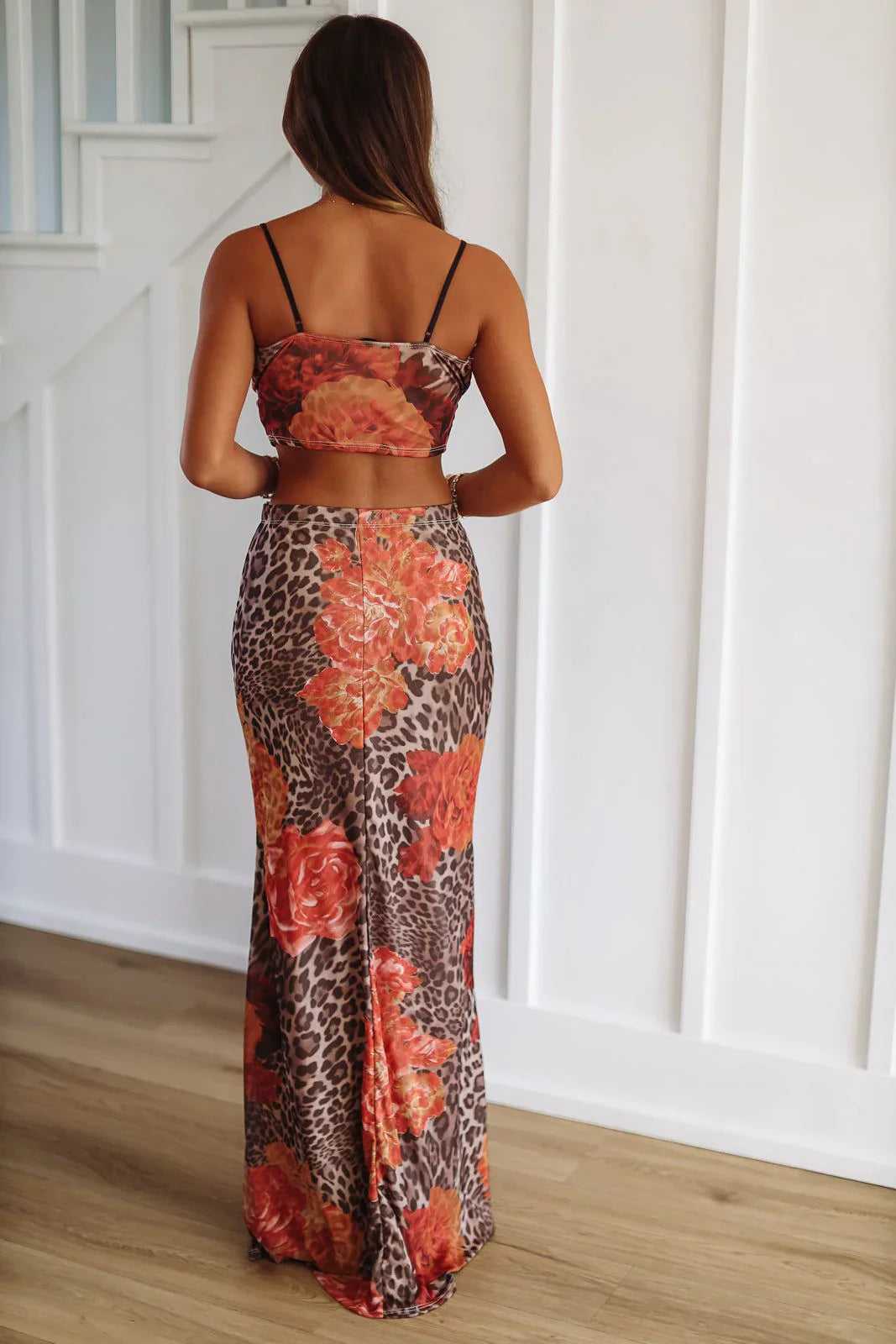 Cat's Out of the Bag Crop Top and Maxi Skirt Set - Brown