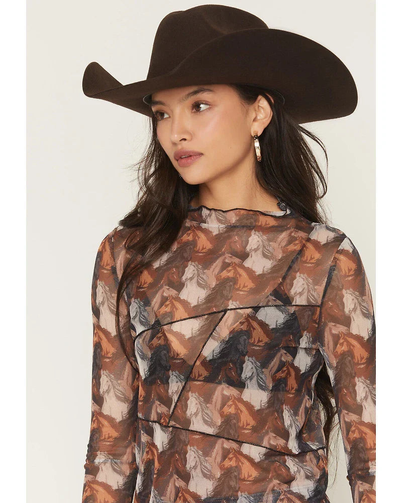 Women's Horse Print Long Sleeve Mesh Top