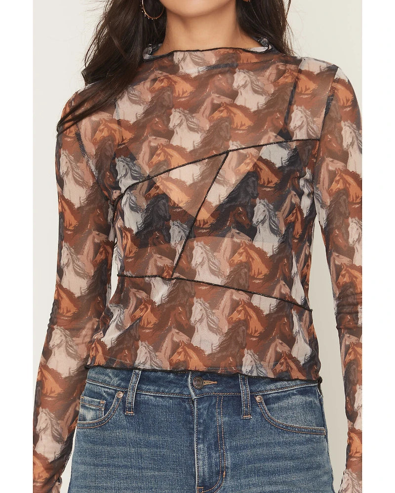 Women's Horse Print Long Sleeve Mesh Top