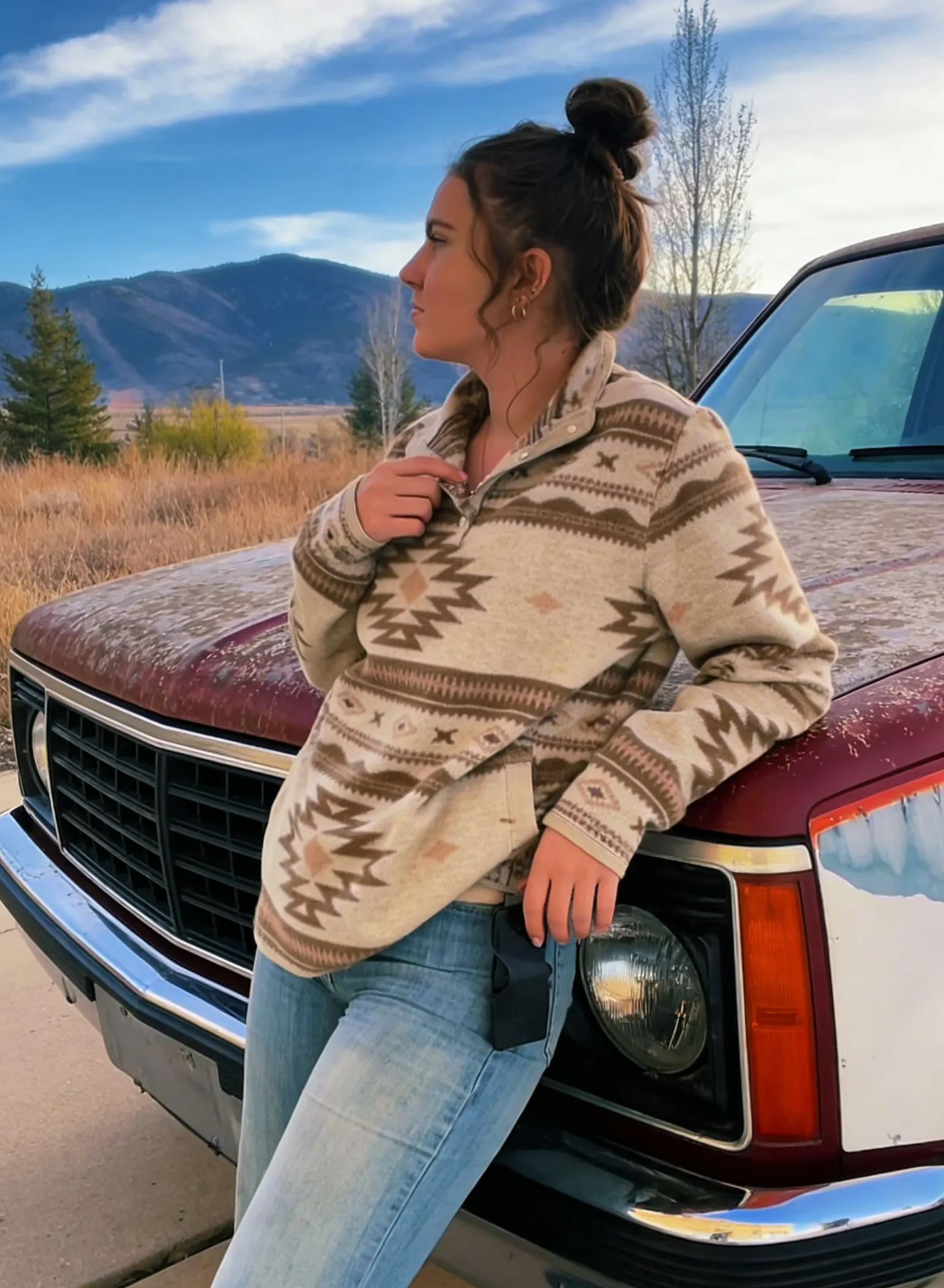 Western Aztec Print Half-Zip Fleece Pullover